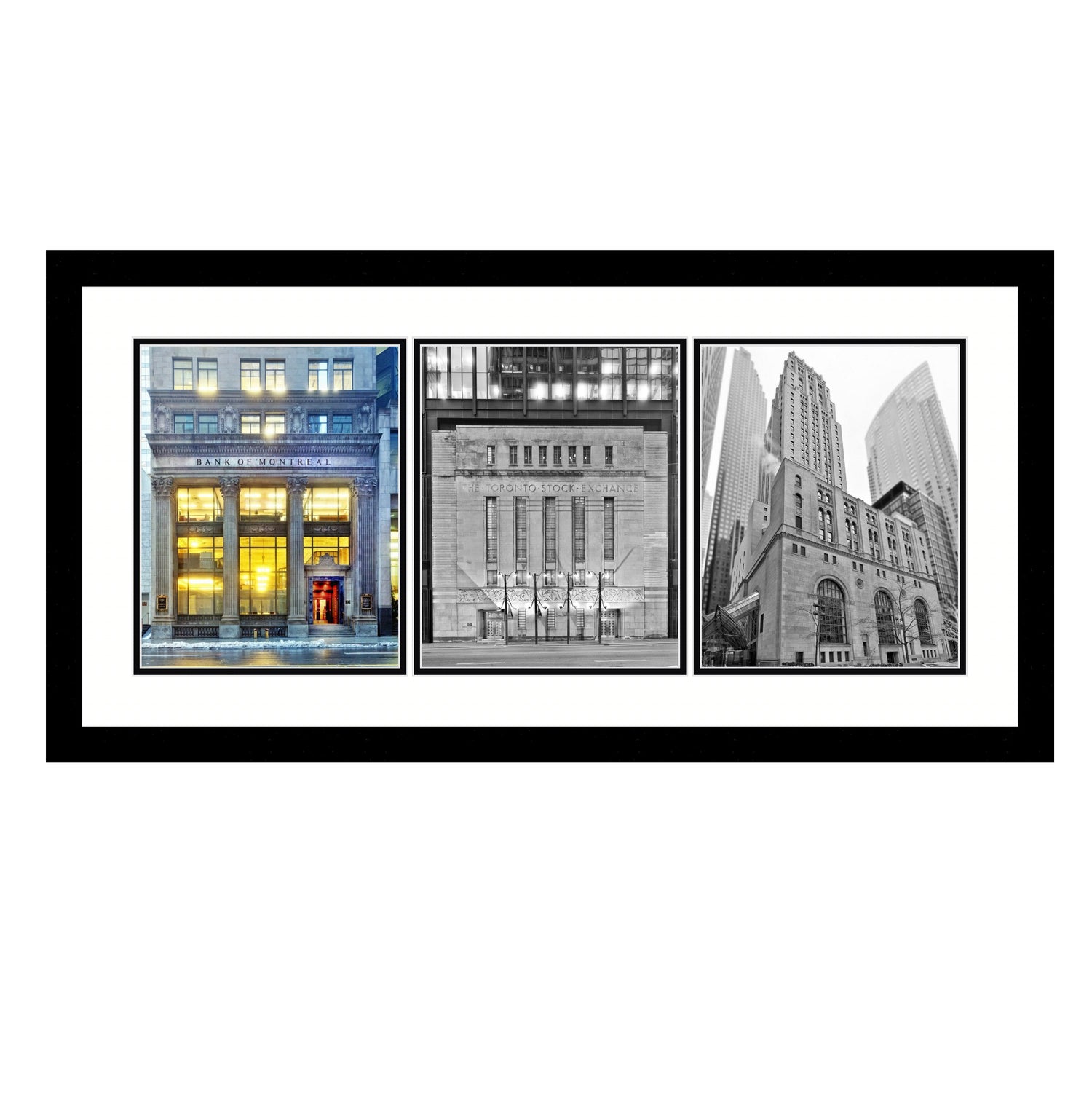 Framed triptych of cityscape images featuring buildings.