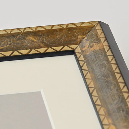 Stained Wood Frame with Carved Pattern Motif and Pyramid Profile