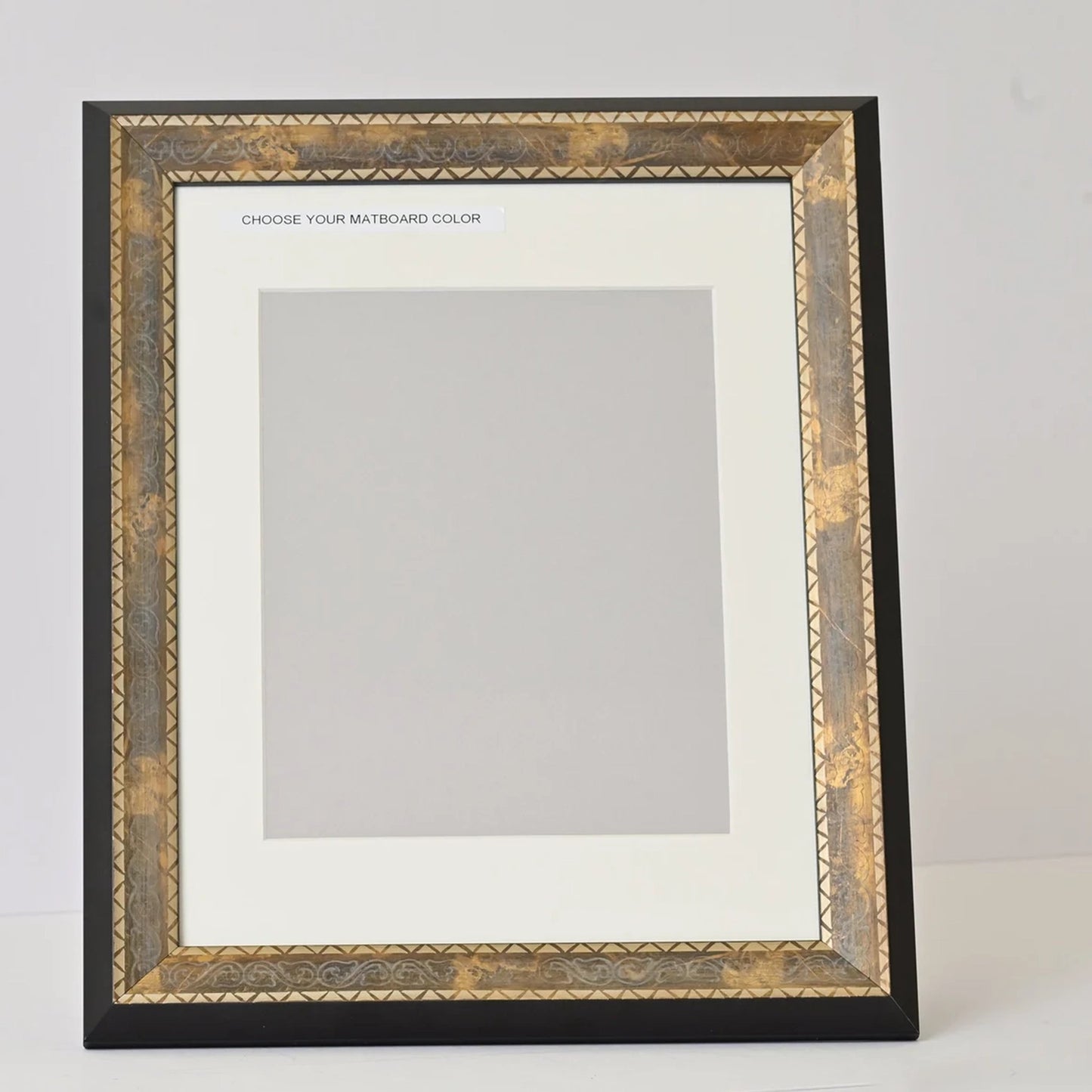 Stained Wood Frame with Carved Pattern Motif and Pyramid Profile