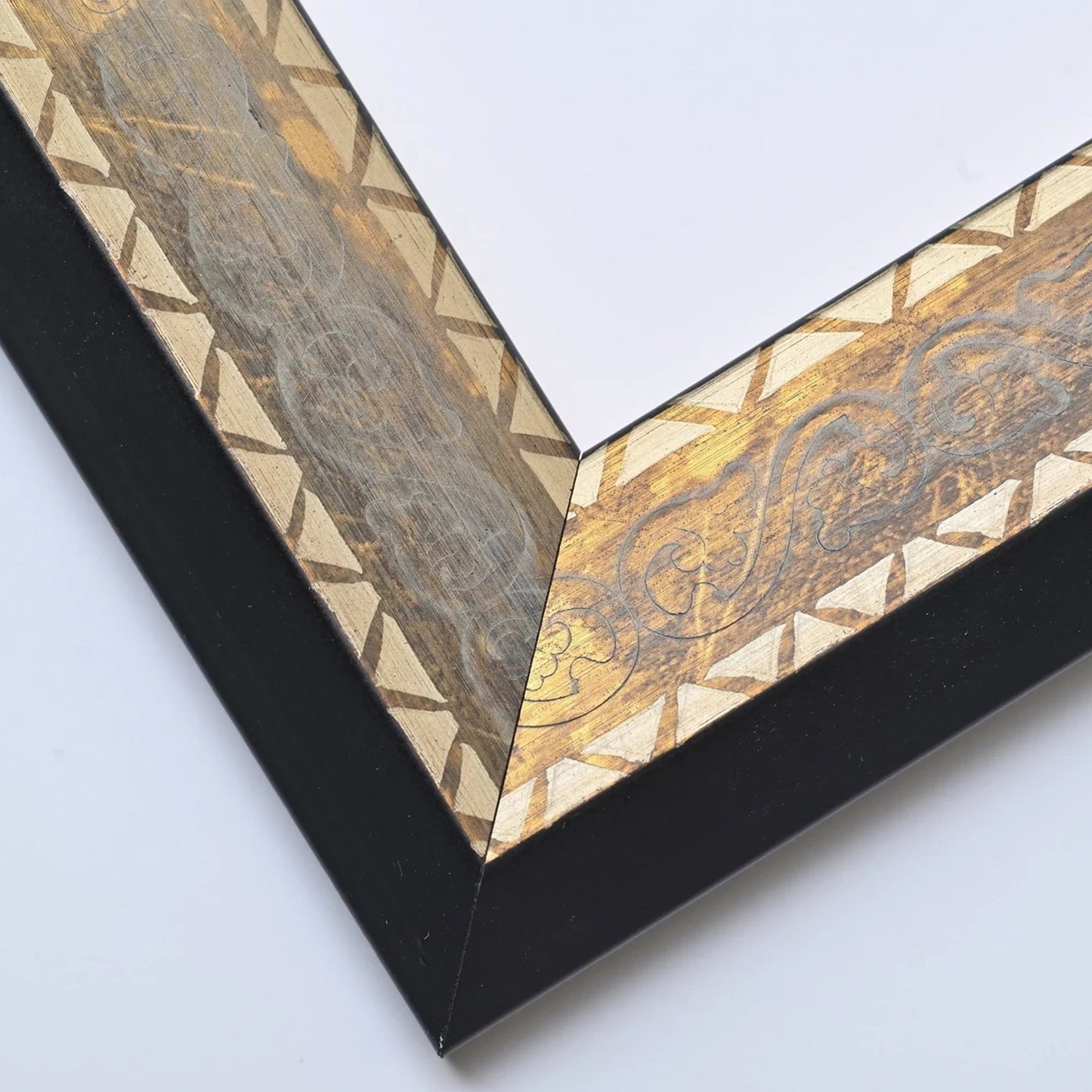 Stained Wood Frame with Carved Pattern Motif and Pyramid Profile